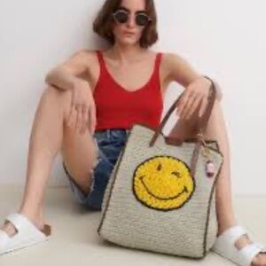 Anya Hindmarch Raffia Tote with Yellow Smiley and Brown Handles